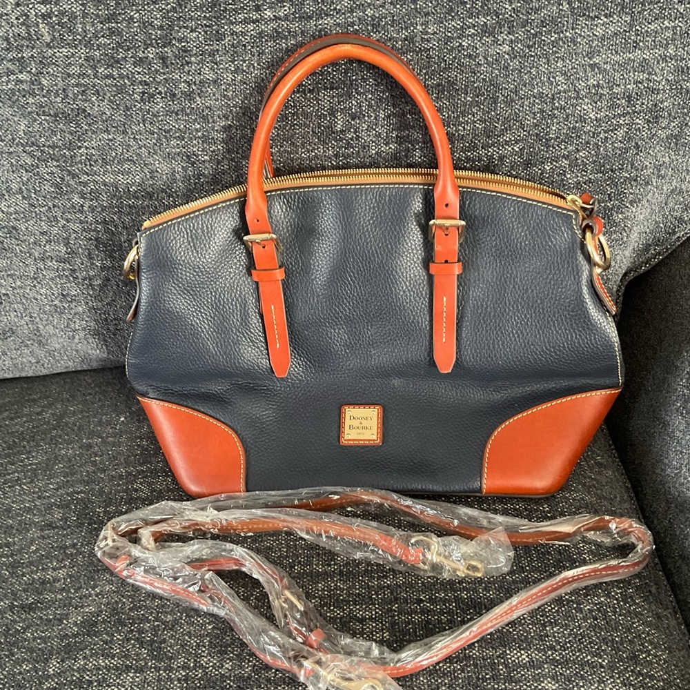 Dooney & Bourke navy and brown pebble leather domed satchel